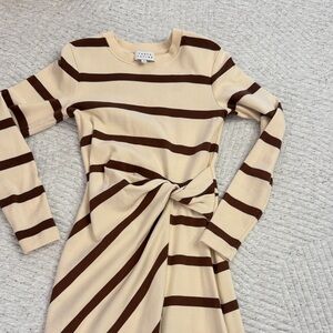 Tanya Taylor Cream and Brown Striped Long Sleeve Dress